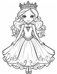 Fototapeta premium Outline art for a cute little beautiful princess suitable for coloring pages with a white background. 