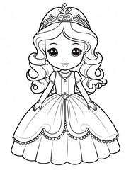 Fototapeta premium Outline art for a cute little beautiful princess suitable for coloring pages with a white background. 