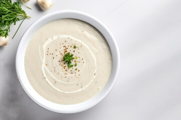 Top view of mushroom cream soup puree with greens on a white background, copy space for text