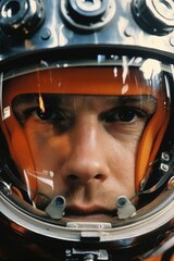 Close up of an astronaut in an helmet. Light reflections on the visor of the helmet