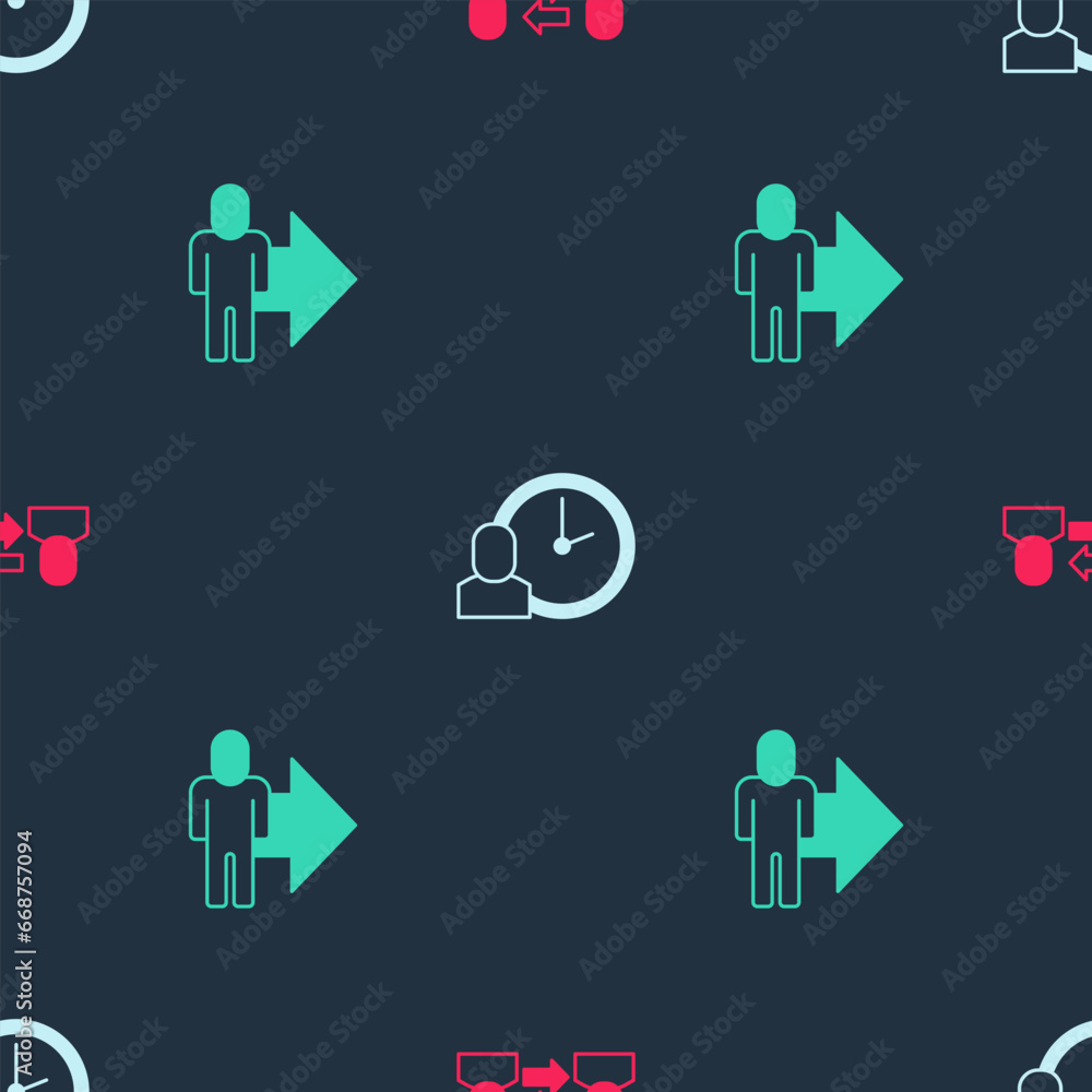 Aufkleber set exchange work, work time and leader of team of executives on seamless pattern. vector