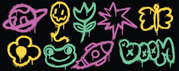 Set graffiti color spray paint. Collection of flower, butterfly, boom, rocket, frog Isolated Vector