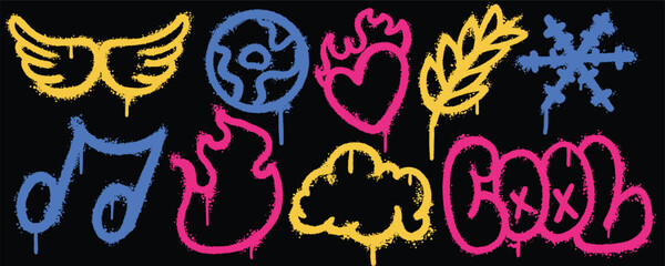 Set graffiti color spray paint. Collection of wings, fire love, cloud, cool, music Isolated Vector