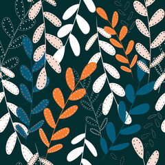 Seamless floral pattern with leaves. Simple nature shapes in bright colors.