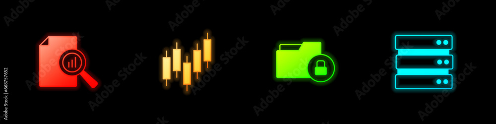 Aufkleber set document with graph chart, browser stocks market, folder and lock and server icon. vector