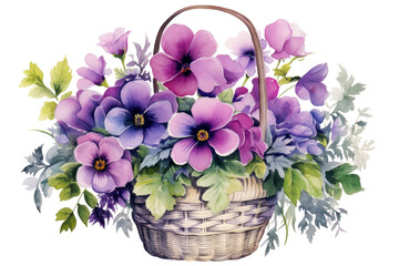 Watercolor of bouquet colorful spring flowers in wicker basket isolated on transparent png background, bouquets greeting or wedding card decoration, beautiful flowers inside buckets concept.