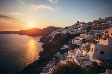 Summer destination in Europe. Concept of travel: picturesque sunset on Santorini Island, Oia, Greece Dream cityscape, beautiful clouds, and a glimpse of the caldera View from vacation, breathtaking  - obrazy, fototapety, plakaty