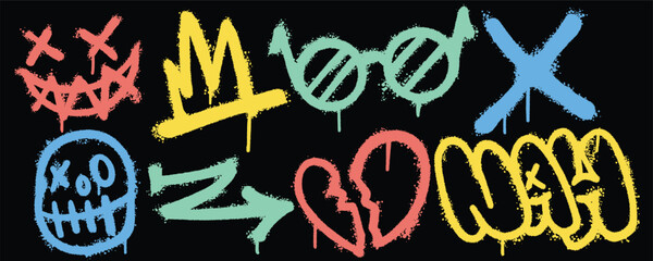 Set graffiti color spray paint. Collection of crown, glasses, arrow, broken heart Isolated Vector