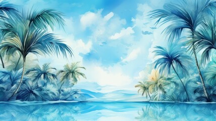 Fototapeta na wymiar Abstract watercolor. Peaceful beach paradise with palm trees and crystal clear water.