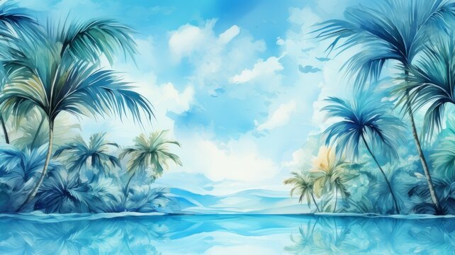 Abstract watercolor. Peaceful beach paradise with palm trees and crystal clear water.