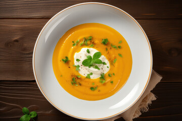 Closeup of pumpkin or carrot soup puree, top view on a wood background