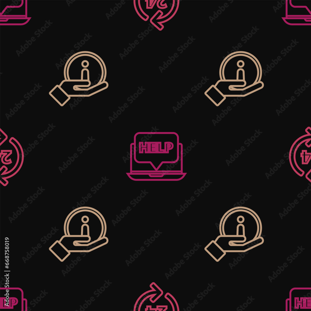 Poster set line telephone 24 hours support, information and laptop and help on seamless pattern. vector