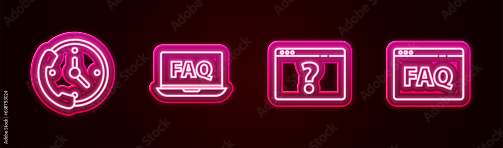 Poster set line telephone 24 hours support, laptop and faq, browser with question mark and . glowing neon i