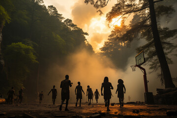 Playing basketball with sunset in the forest on World Basketball Day - obrazy, fototapety, plakaty