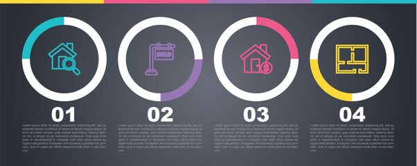 Set line Search house, Hanging sign with Sold, House dollar symbol and plan. Business infographic template. Vector