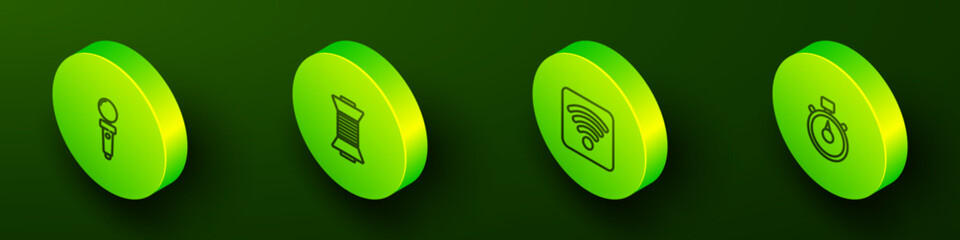 Set Isometric line Joystick for arcade machine, Sewing thread on spool, Wi-Fi wireless internet network and Stopwatch icon. Vector