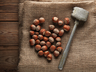 Many Hazelnuts with hammer on a sack close-up