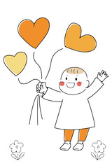 たくさんのハートのバルーンと子供（楽しい感情）