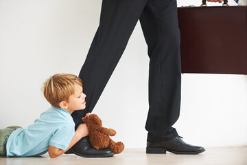 Sad, child and businessman to leave for work, tantrum and closeup with anxiety, stress or mental...
