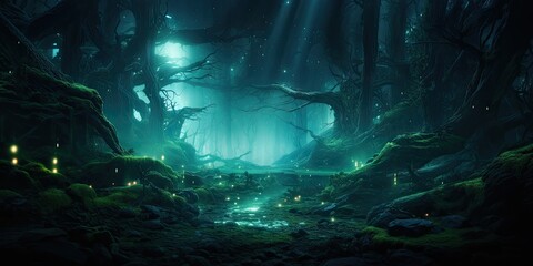 An eerie and mysterious forest in a parallel universe where the laws of nature differ from our own. Concept of extraterrestrial landscape by Generative AI