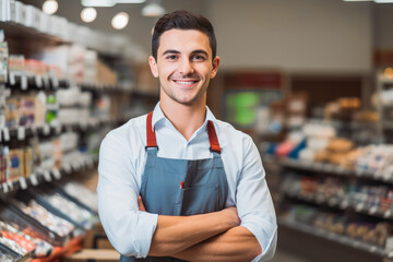 Portrait of young worker in supermarket. Confident young man working at supermarket. Customer service.