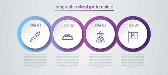 Set line Snake, Taco with tortilla, Mexican man sombrero and Mexico flag. Business infographic template. Vector