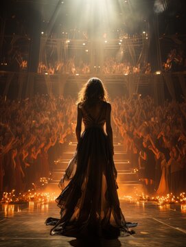 Fictional woman artist on stage of luxury concert hall AI