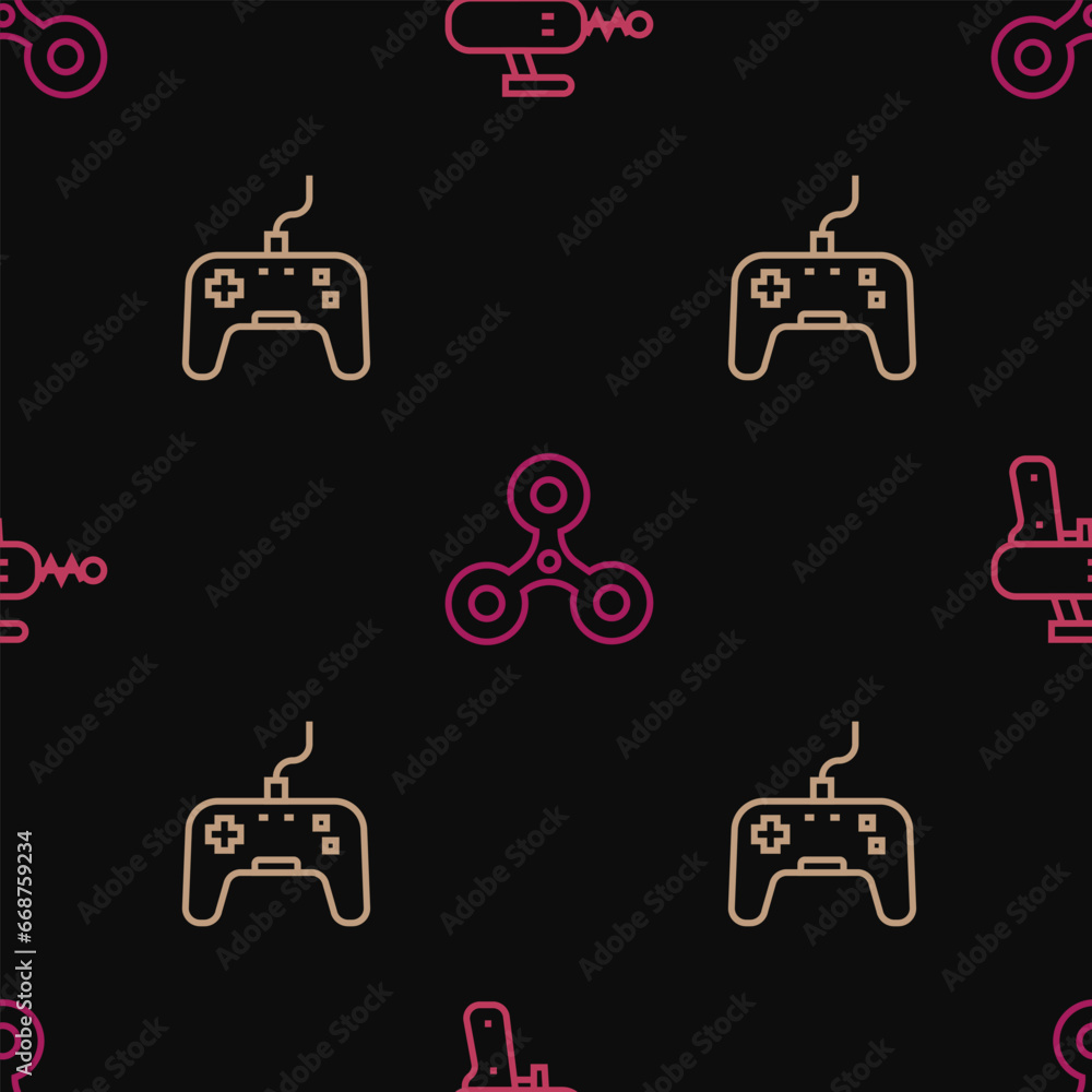 Poster set line ray gun, gamepad and fidget spinner on seamless pattern. vector
