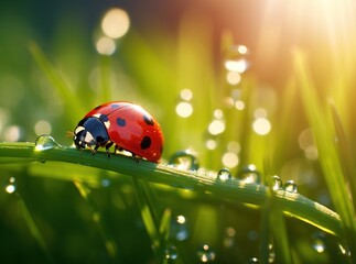 ladybug in the dewy grass 