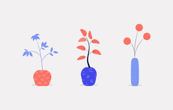 Colorful cute flowers in pots, colorful vector houseplants , flat style.