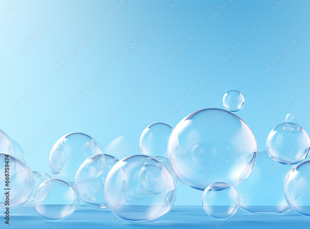 Poster Soaring bubbles on blue background. Abstract soap bubbles floating background.
