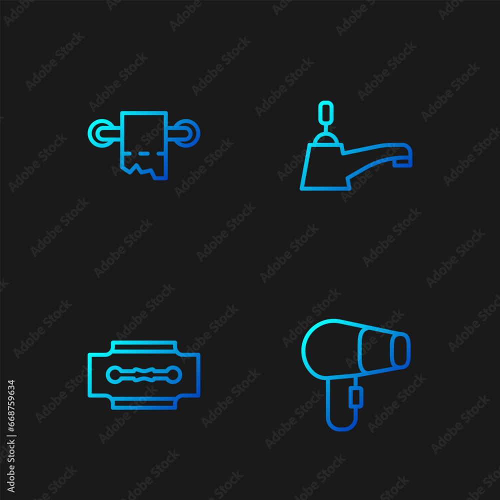 Sticker set line hair dryer, blade razor, toilet paper roll and water tap. gradient color icons. vector