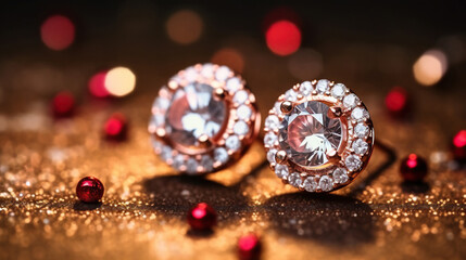 close up of a pair of silver stud earrings with white diamonds on a bokeh background,  holiday campaign 
