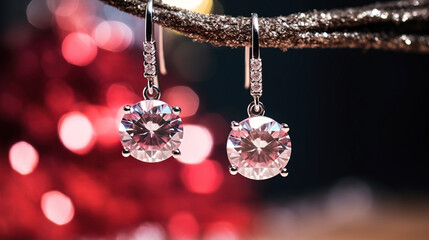 close up of a pair of silver drop earrings with white diamonds on a bokeh background,  holiday campaign  - obrazy, fototapety, plakaty