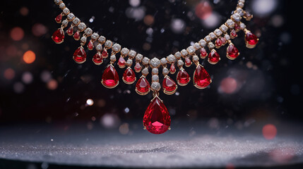 close up of necklace with white diamond and red ruby stones on Christmas bokeh background, holiday campaign  - obrazy, fototapety, plakaty