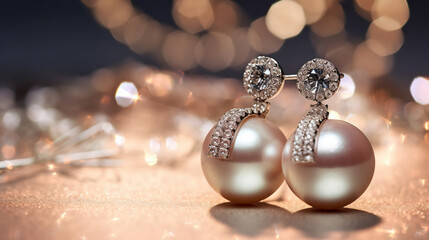 close up of elegant pearl and silver stud earrings on bokeh background, holiday campaign 