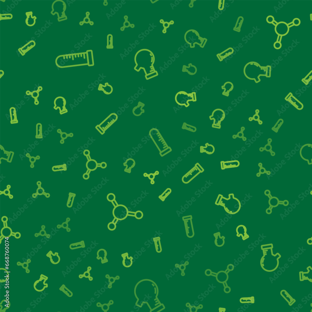 Aufkleber set line test tube and flask, molecule and on seamless pattern. vector