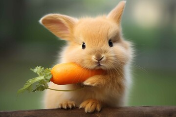 A littlee cute rabbit, holding a big carrot
