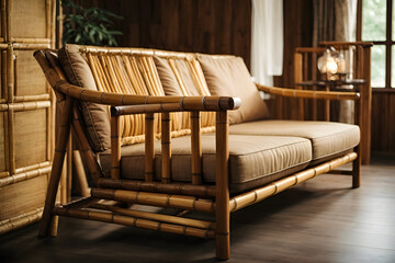 Cabin living interior with sofa made of bamboo
