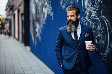 Businessman with huge beard, fashionable blue suit and a cup of coffee on the street.