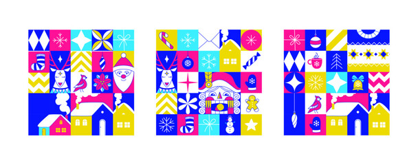 Graphic Christmas pattern. Holidays 2024 postcard. Square Line icons