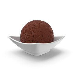 Chocolate ice cream ball on white bowl, 3D rendering, Ice cream ball in a white bowl isolated on white