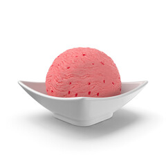 Pink strawberry ice cream ball on white bowl, 3D rendering, Ice cream ball in a white bowl isolated on white