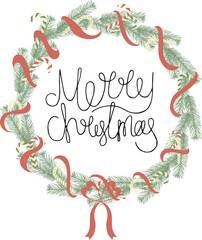 Merry Christmas wreath decor. Merry Christmas handwritten black sign and colorful wreath. Xmas colorful wreath.
