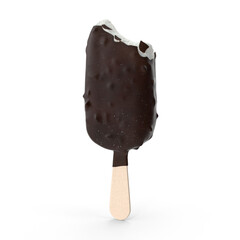 3D rendering Bitten milk dark chocolate ice cream popsicle covered with chocolate isolated. Bitten popsicle ice cream bar with chocolate coating and nuts isolated on a white background.