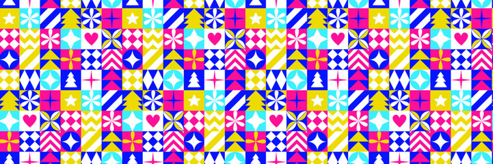 Obraz premium Graphic Christmas seamless pattern. Holidays 2024 postcard. Square Line icons