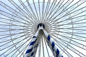 View of the intricate supporting structure radiating from the central hub of the Giant Ferris Wheel...