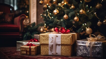 Fototapeta na wymiar Christmas gifts under the tree, fairy tale, festive mood.