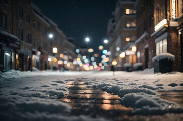 Fototapeta na wymiar In the style of cinematic, a winter city scene under soft snowfall at dusk., street in the night