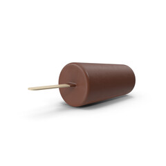 Eskimo geometrical round vertical ice cream with chocolate on a wooden stick 3D render, Close-up view of ice cream in chocolate glaze
